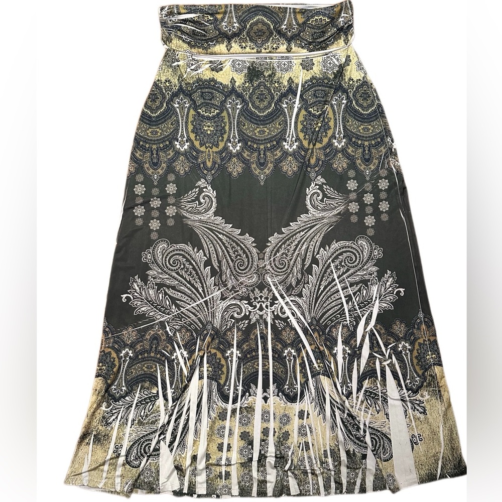 Boho Paisley Maxi Skirt in Olive Green and Cream
